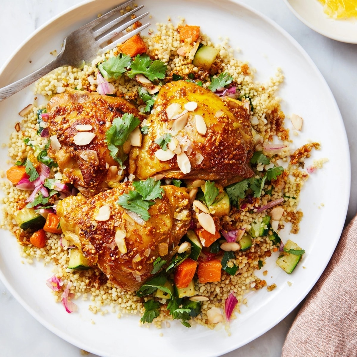 Golden Moroccan Spiced Chicken with Couscous photo; flavorful, aromatic, ready to serve.