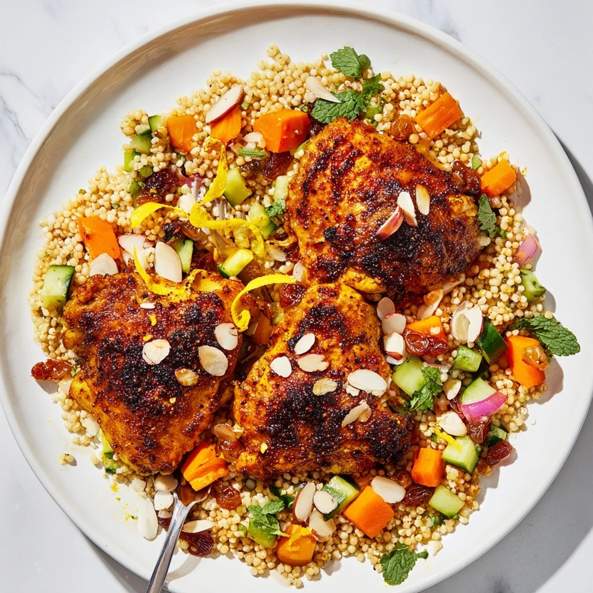 Top-down view: Moroccan Spiced Chicken recipe with fluffy couscous, lemon, and fresh herbs.