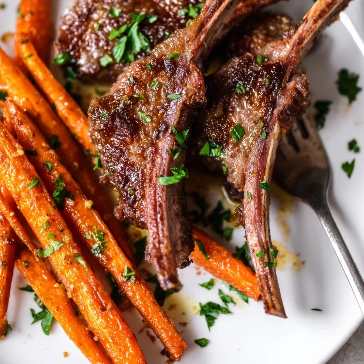 Tender lamb chops elegantly served with cinnamon and cumin roasted carrots.  