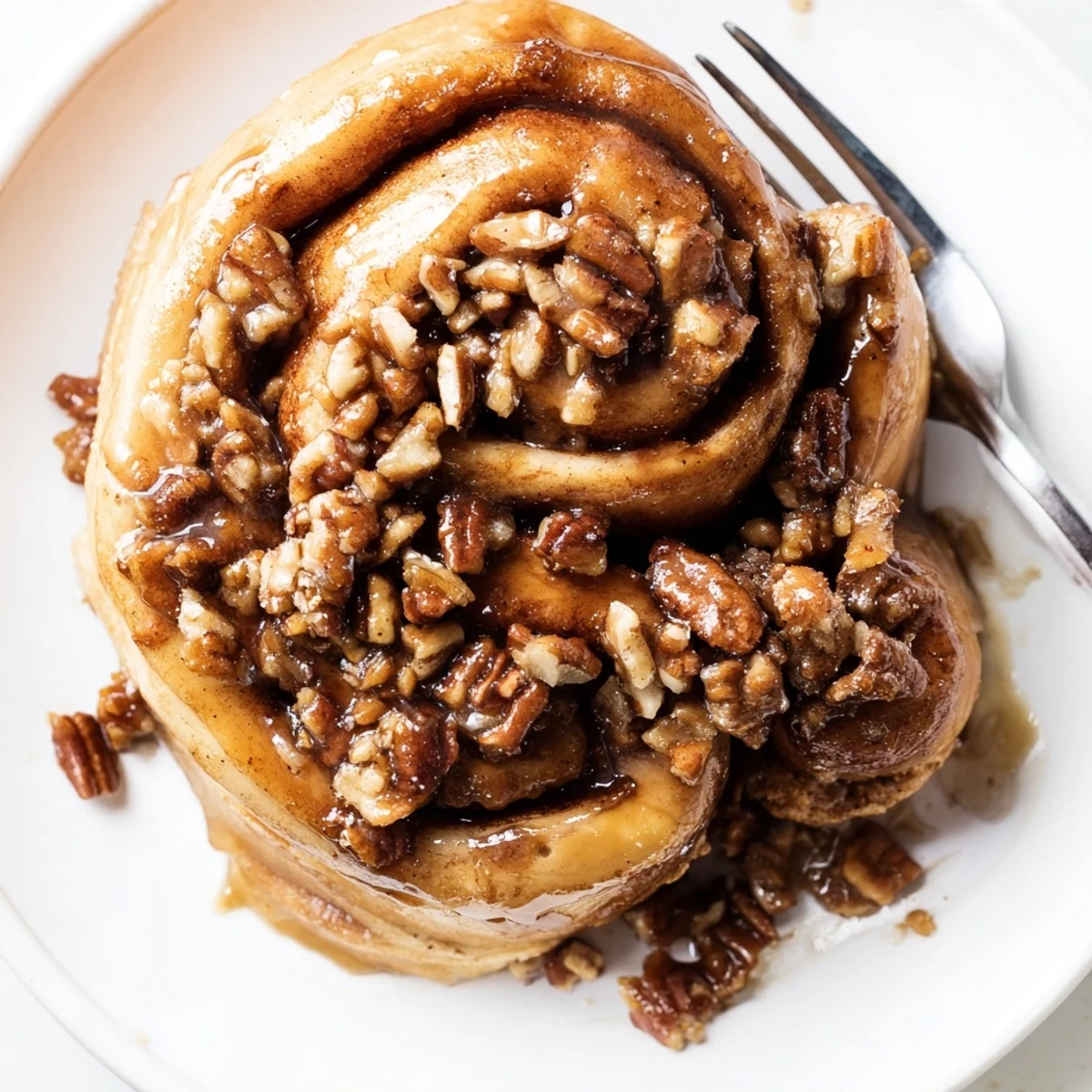 Freshly baked sticky buns swirled with cinnamon and topped with pecans in maple glaze.