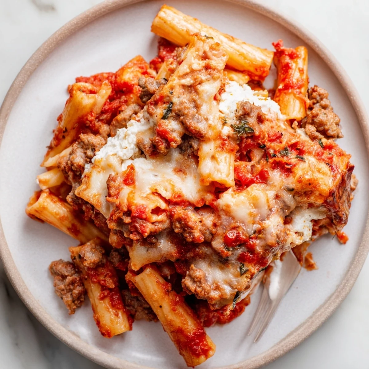 Baked Ziti with Italian sausage topped with gooey cheese and rich tomato sauce.