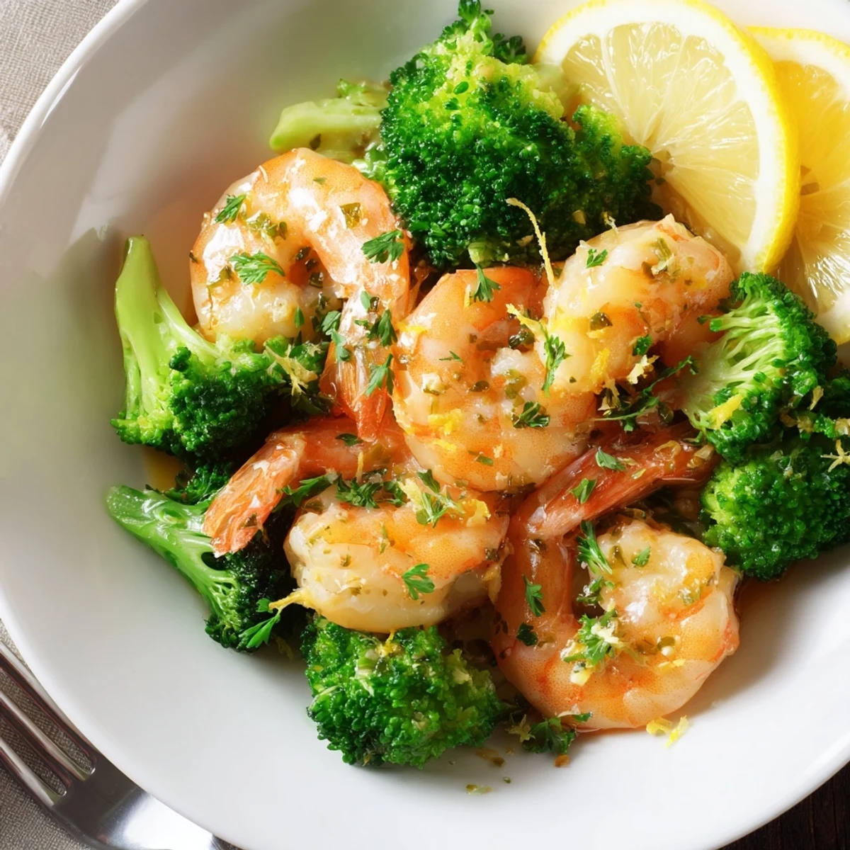 Succulent garlic butter shrimp and broccoli served with vibrant lemon wedges.  