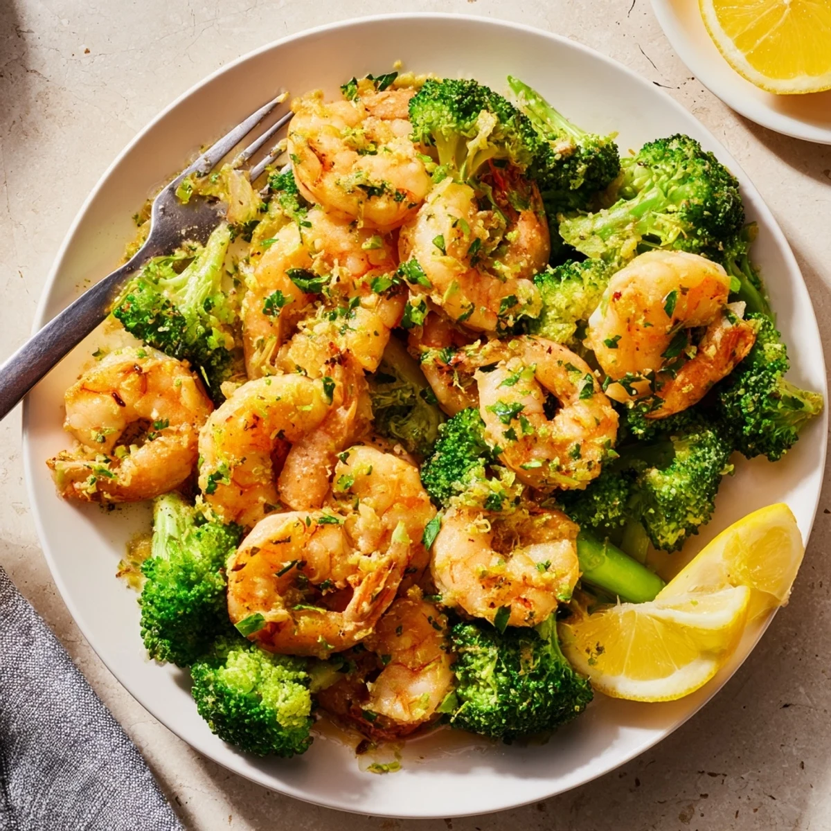 Delicious garlic butter shrimp stir-fried with bright, crisp-tender broccoli florets.  