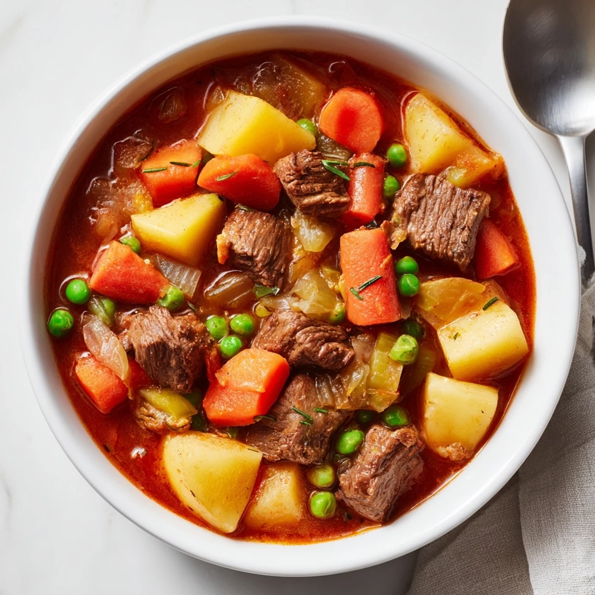 Warm bowl of beef and vegetable stew garnished with fresh herbs and crusty bread.  