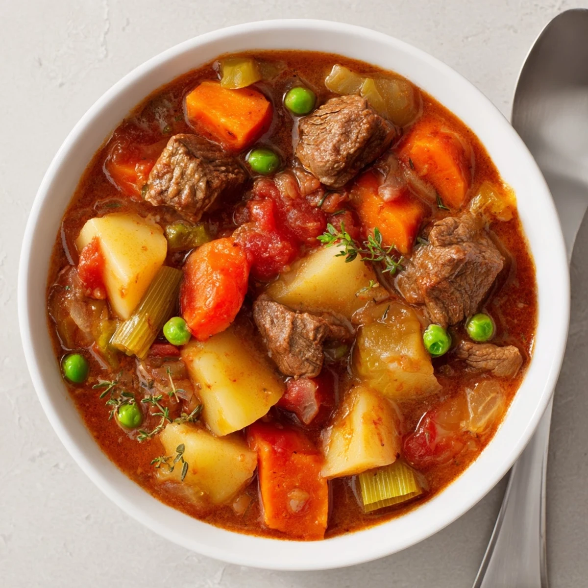 A hearty beef and vegetable stew simmering with rich flavors and vibrant colors.  