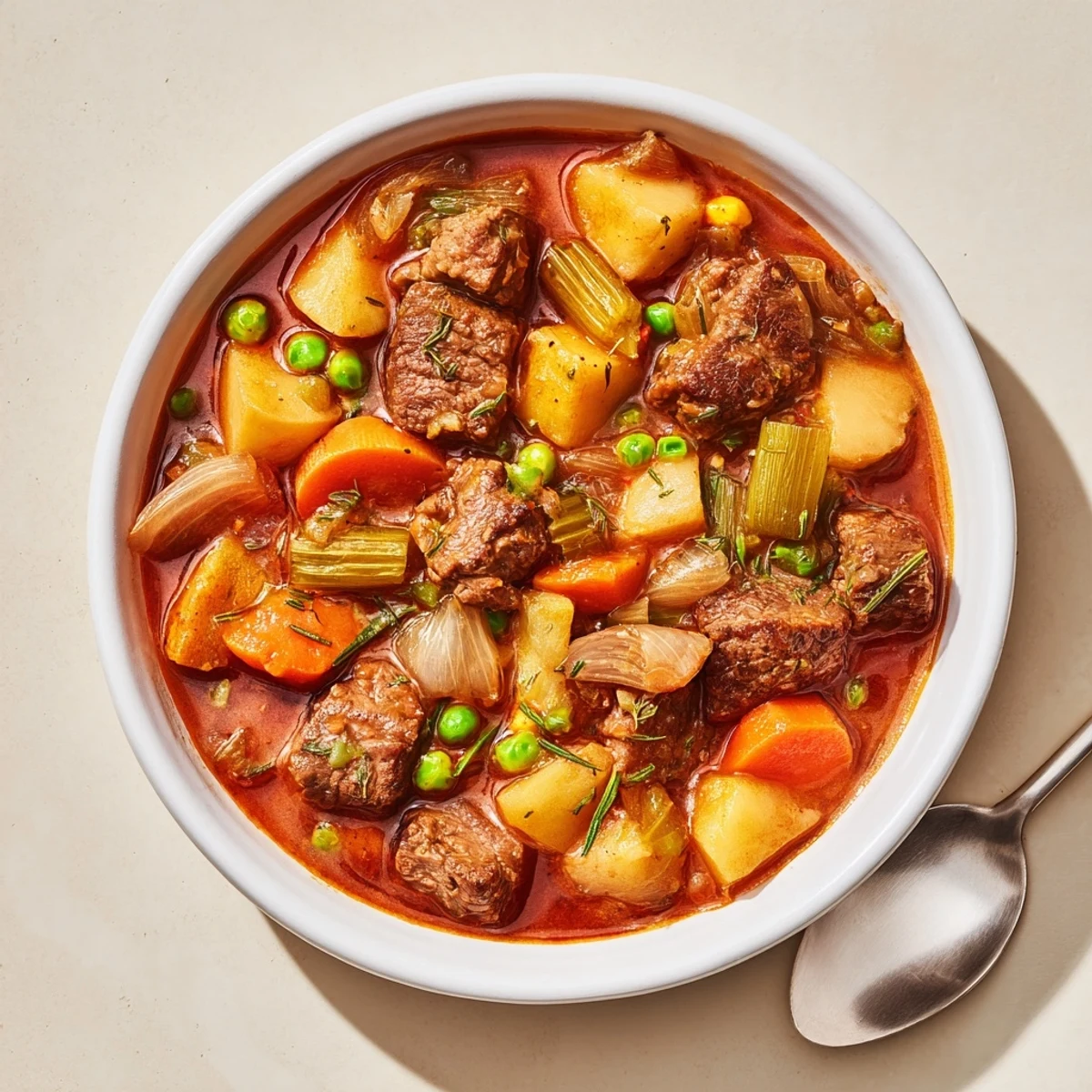 Savory beef and vegetable stew bubbling in a Dutch oven, perfect for cozy dinners.