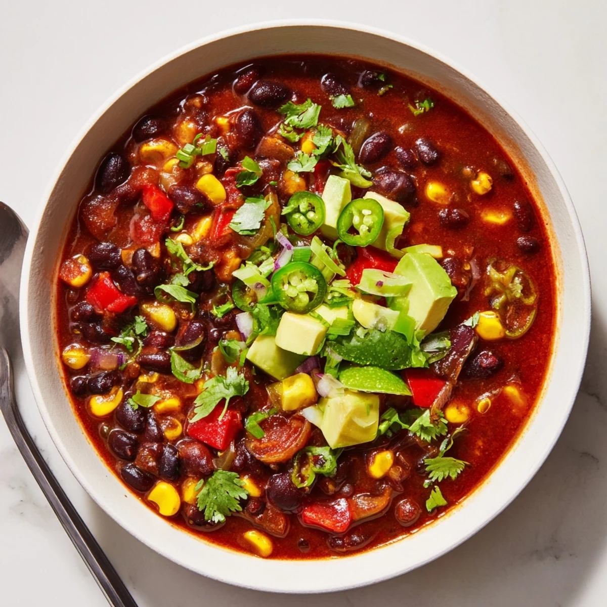Garnished Spicy Black Bean Chili served with lime and avocado, perfect for sharing.