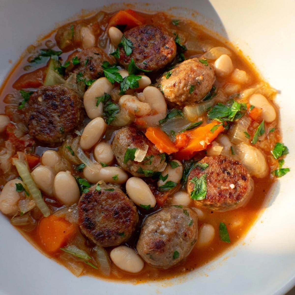 Hearty sausage and white bean stew simmered with vibrant vegetables and spices.  