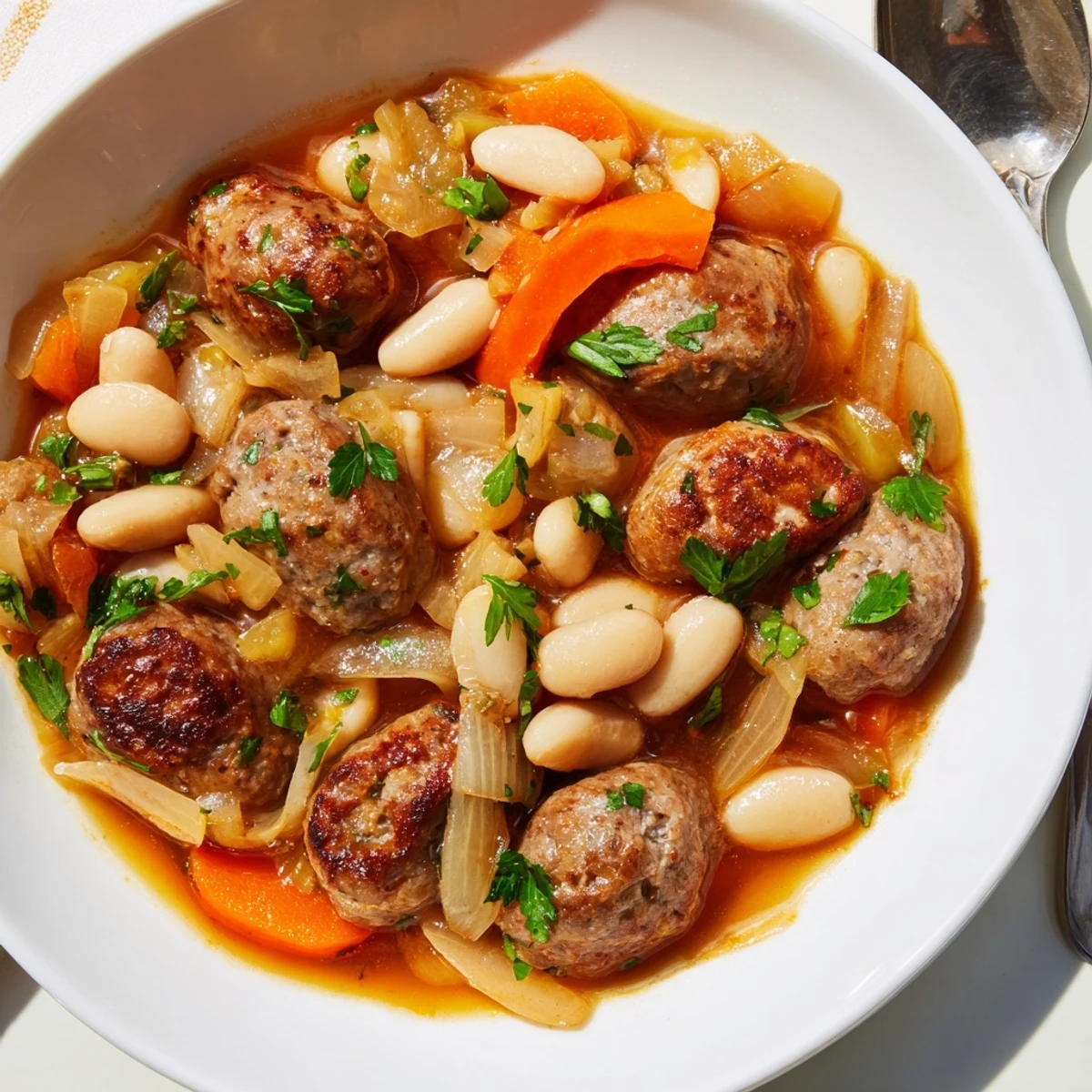 A comforting bowl of sausage and white bean stew topped with fresh parsley.  