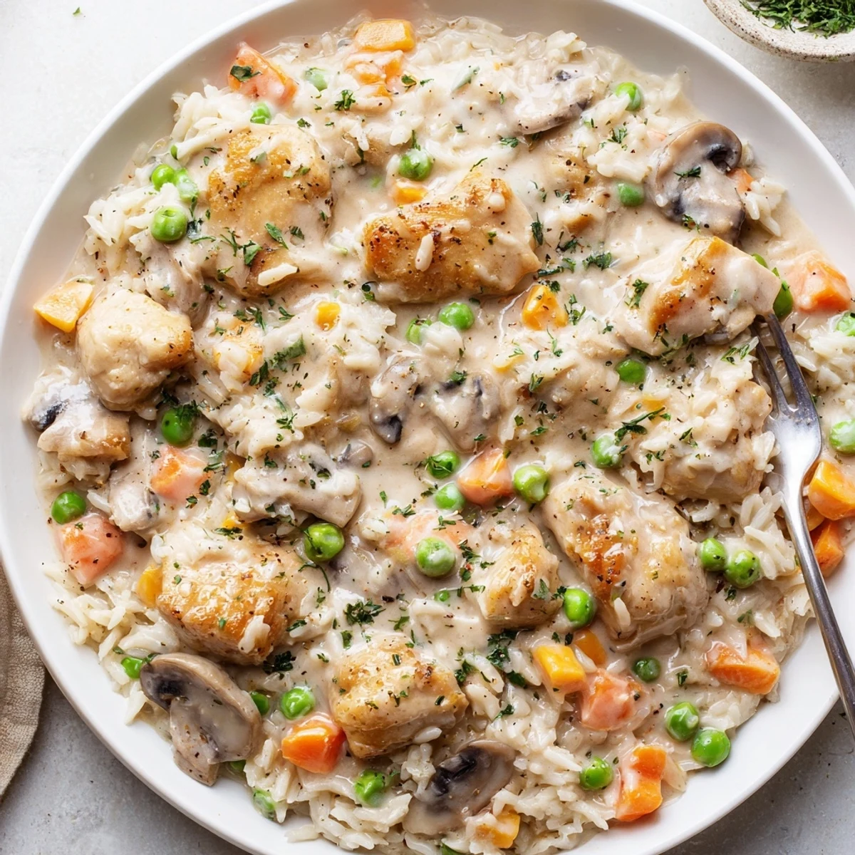Creamy Chicken and Rice simmering in a pot, with vibrant vegetables and herbs.  
