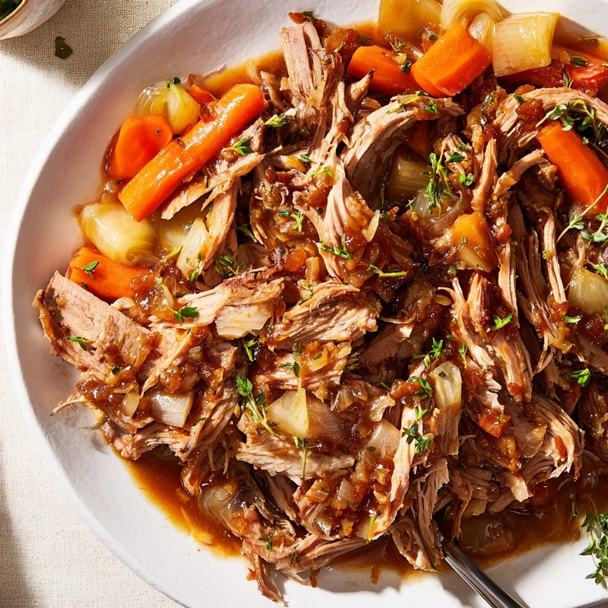 Slow Cooker Honey Garlic Pork Roast surrounded by tender carrots and savory herbs.  