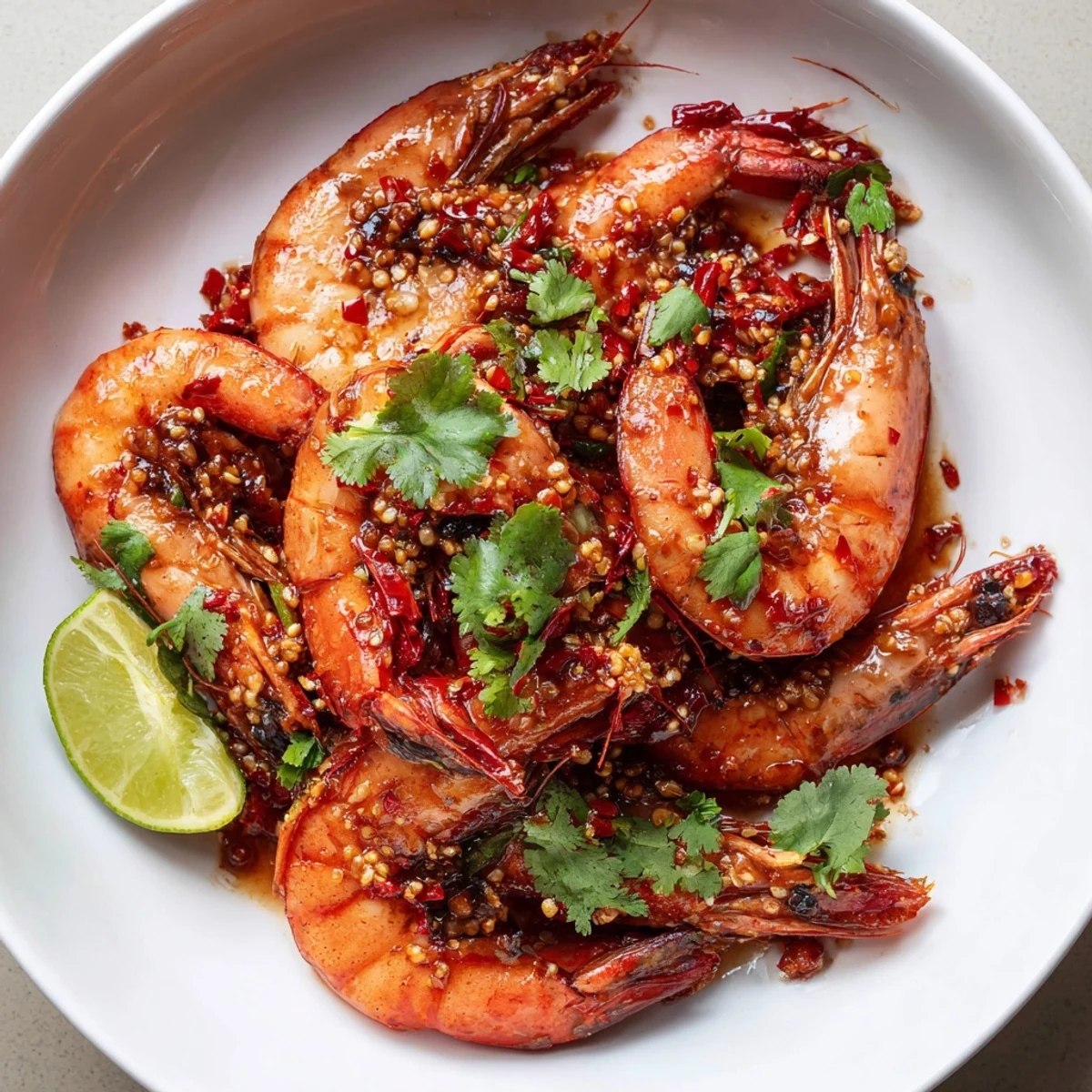 Succulent Spicy Chili Garlic Shrimp served with lime wedges, perfect for weeknight dinners.  