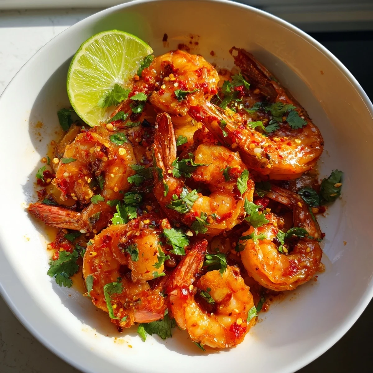 Sizzling Spicy Chili Garlic Shrimp in a vibrant marinade, garnished with fresh cilantro.  
