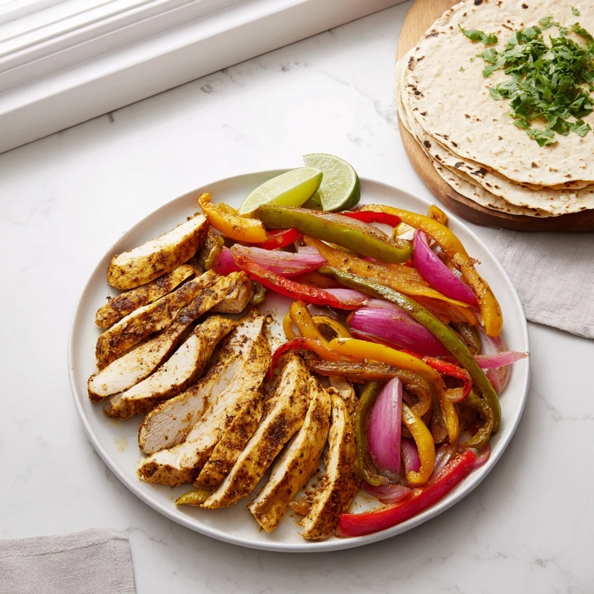 Juicy Chicken Fajita Sheet Pan Dinner with colorful peppers and fresh lime wedges.  