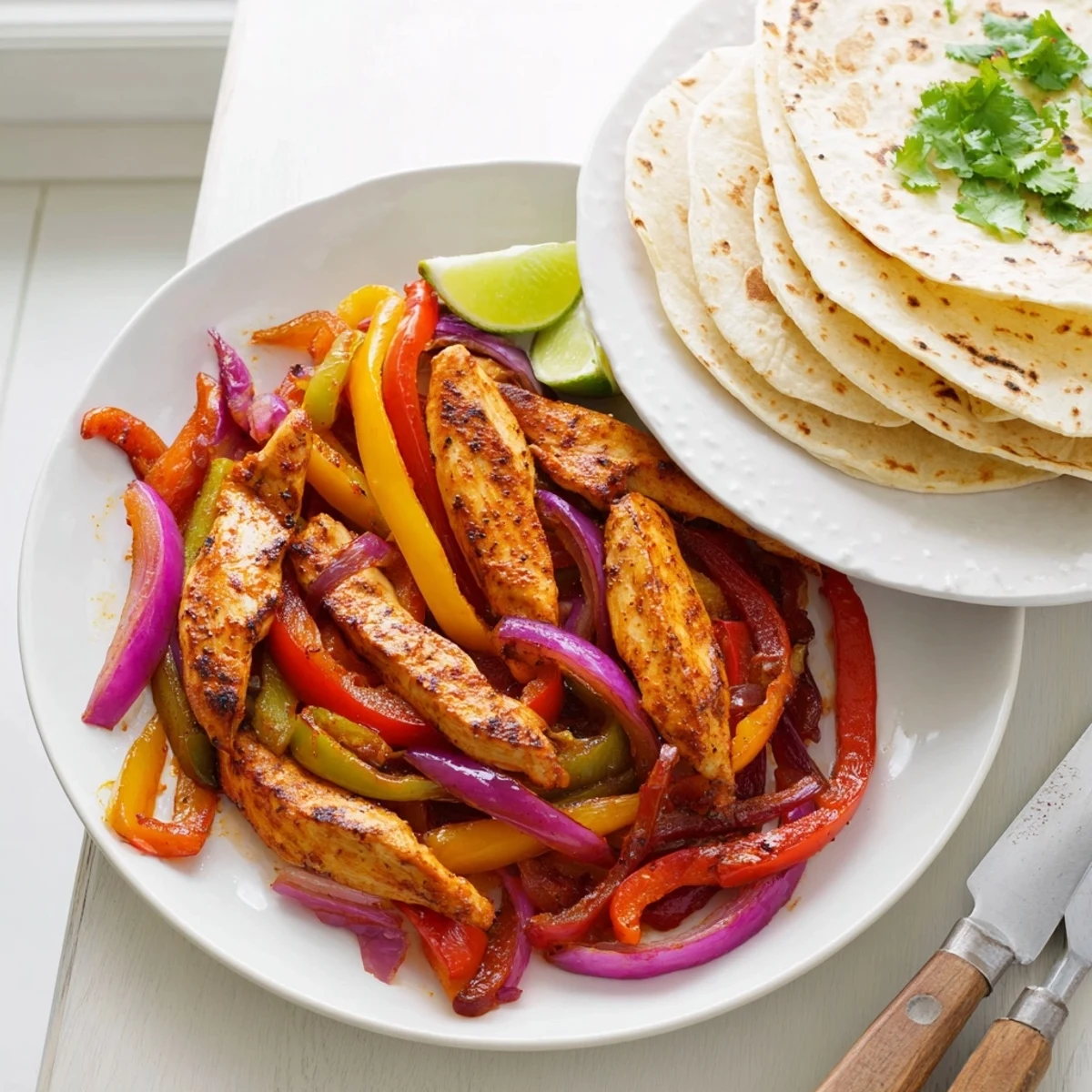 Easy Chicken Fajita Sheet Pan Dinner served with warm tortillas and fresh cilantro garnish.