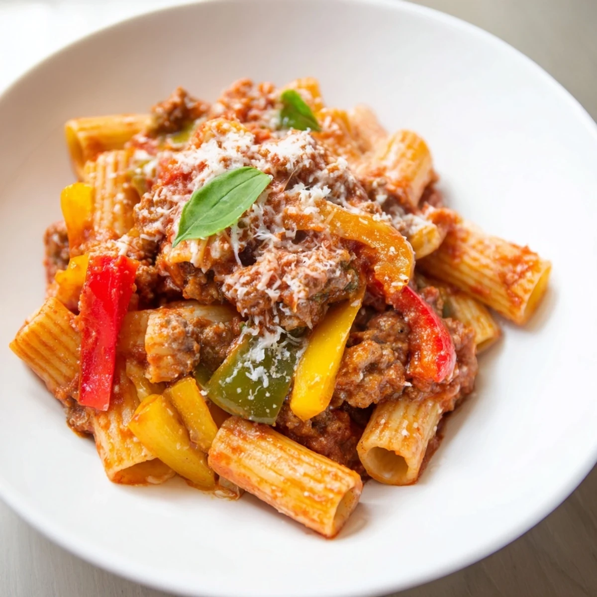 A bubbly Baked Rigatoni with Sausage & Peppers, topped with melted cheese and fresh herbs, ready to serve.