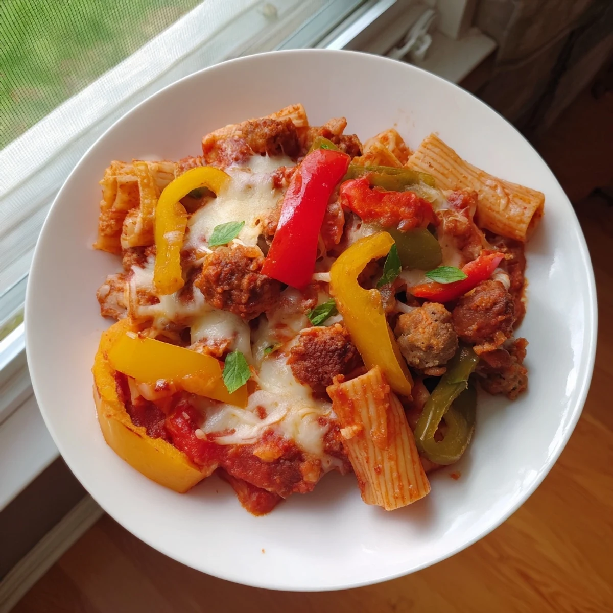 Golden-brown Baked Rigatoni with Sausage & Peppers dish with visible sausage and colorful bell peppers, a comforting meal.