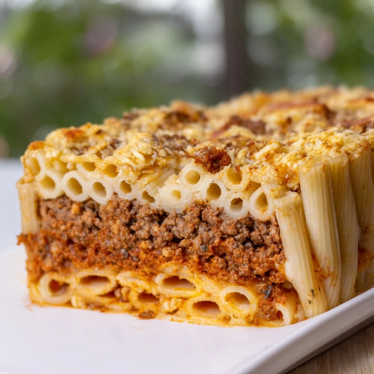Golden, bubbly Greek Pastitsio, a comforting baked pasta layered with beef and creamy béchamel.
