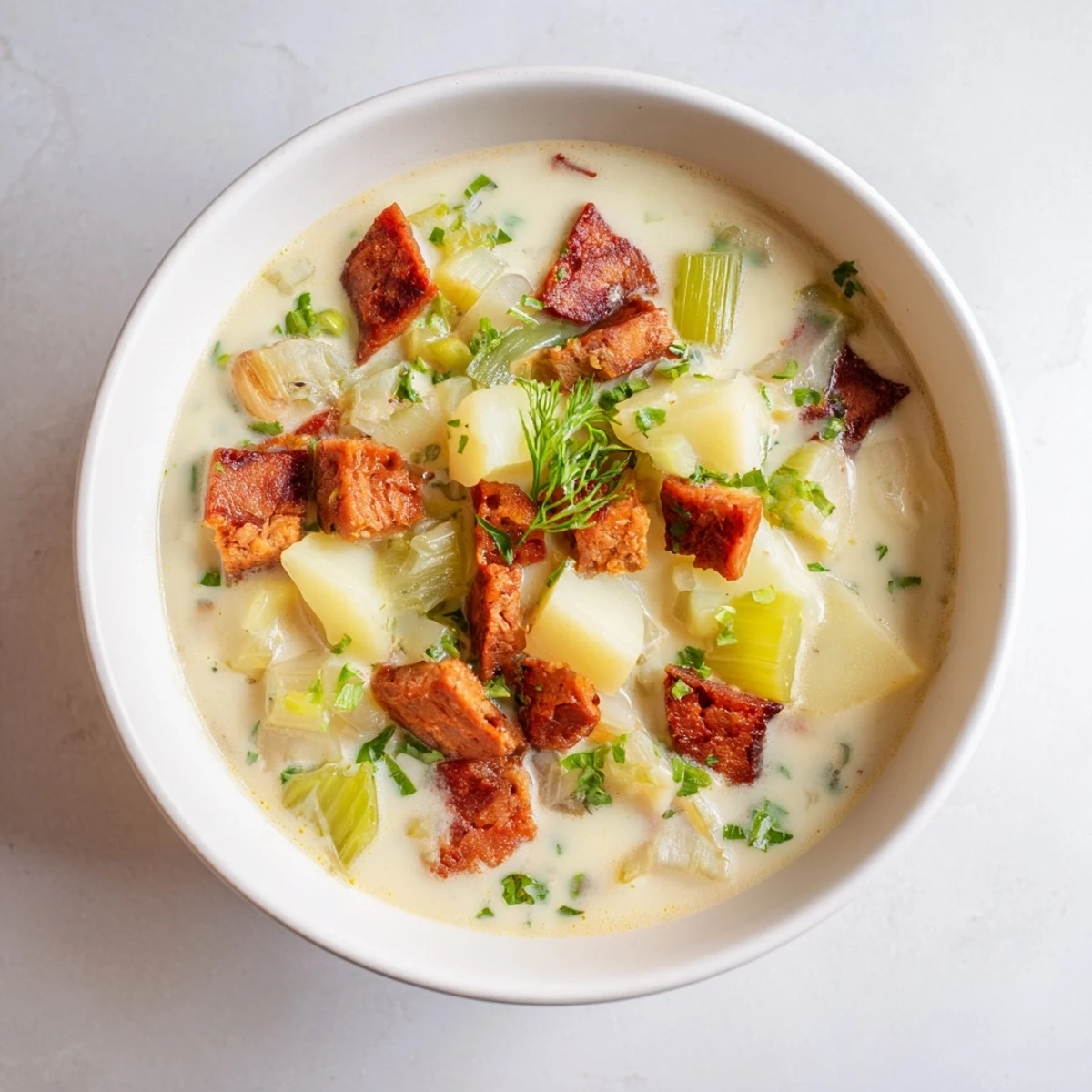 A steaming bowl of comforting Potato, Leek & Chorizo Soup, perfect for a chilly evening dinner.