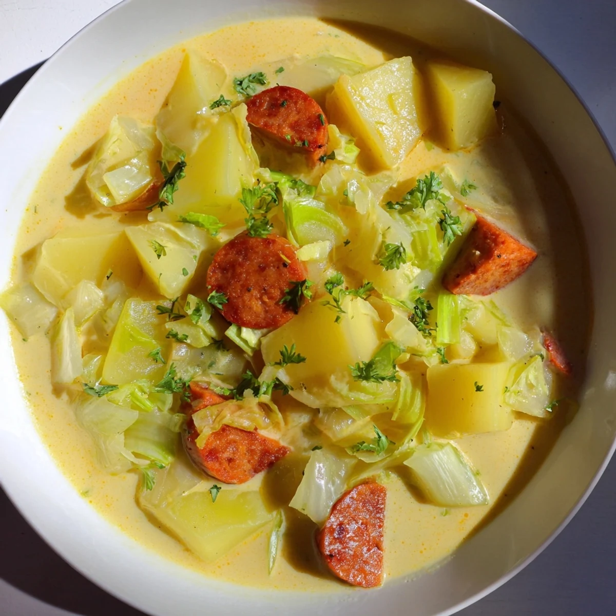 Golden and rustic Potato, Leek & Chorizo Soup with crusty bread waiting to be devoured.
