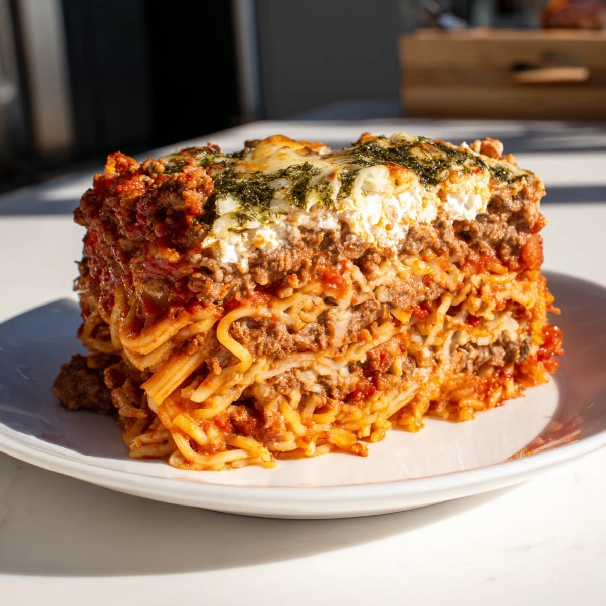 A close-up shot of a cheesy Baked Ziti, showcasing the hearty meat sauce and pasta layers.