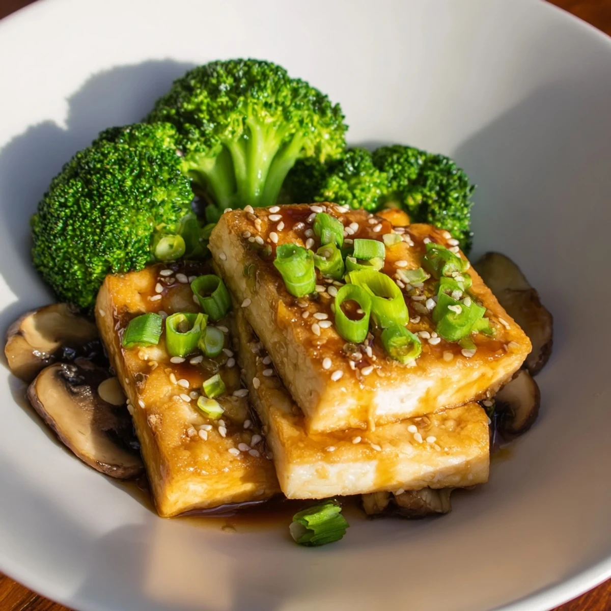 Vibrant image shows the delicious Sautéed Tofu Steak with tender vegetables and savory sauce.