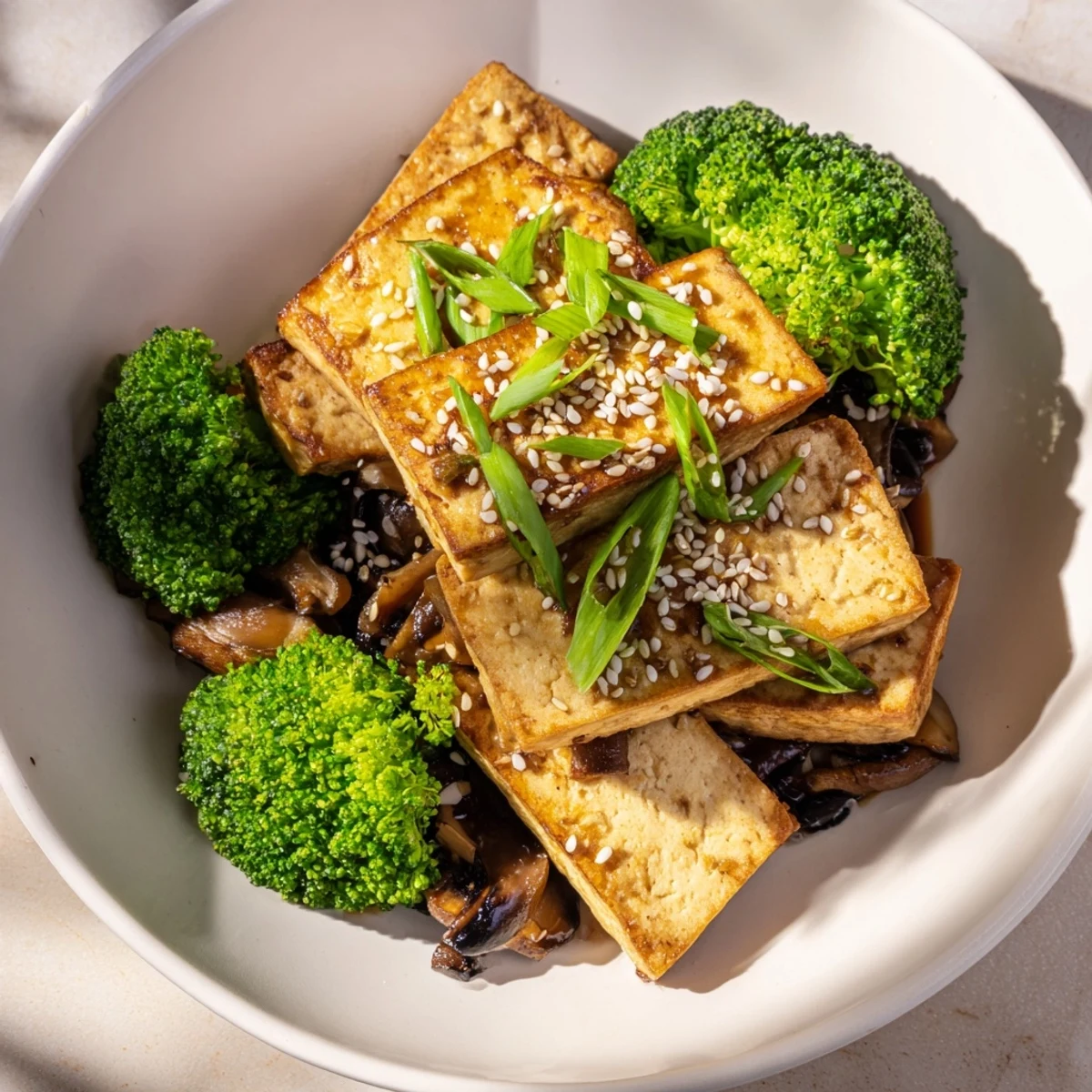 Golden-brown Sautéed Tofu Steak with Broccoli, a feast of Asian flavors ready to enjoy.