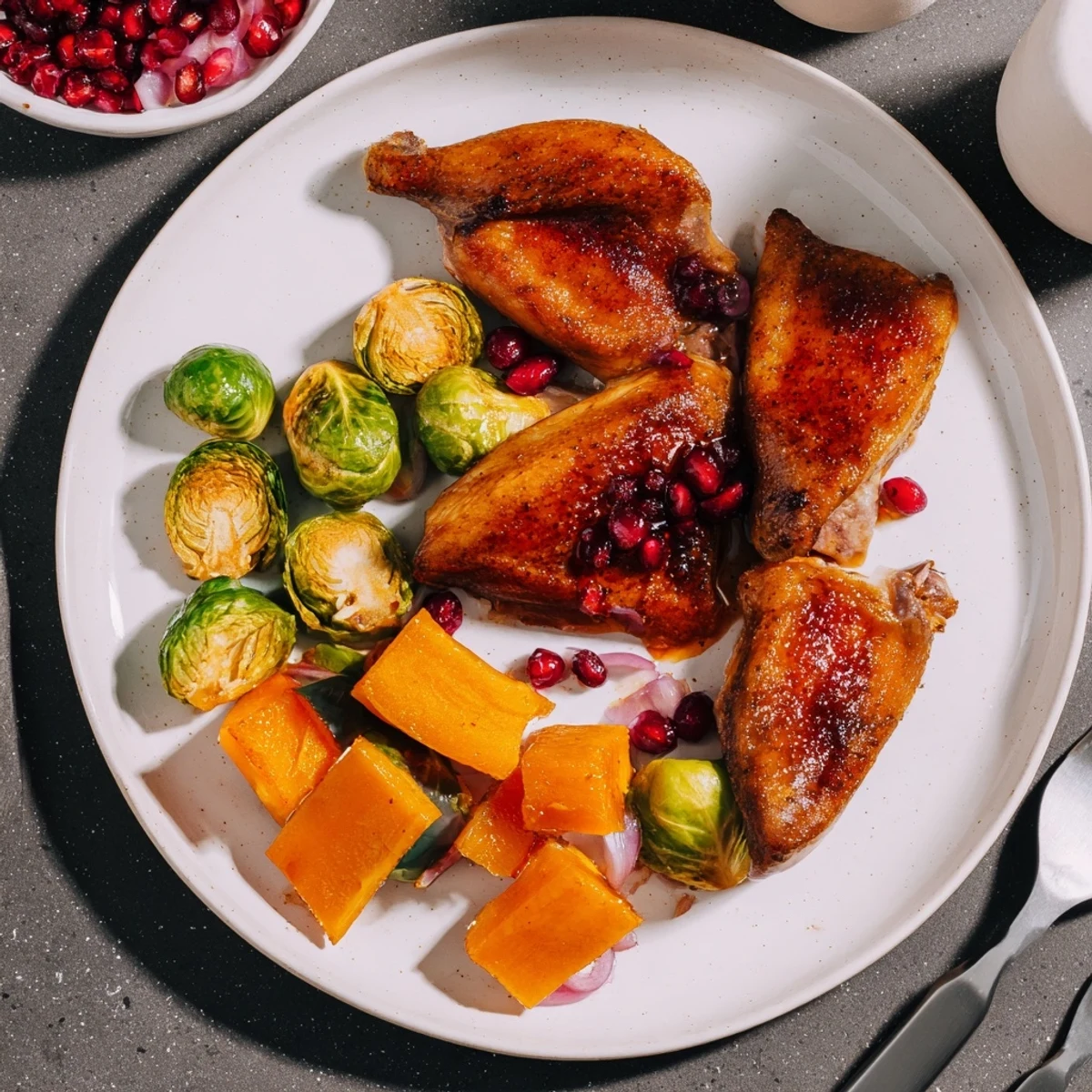 Sheet-pan roasted turkey breast with winter veggies, glistening with sweet cranberry glaze.