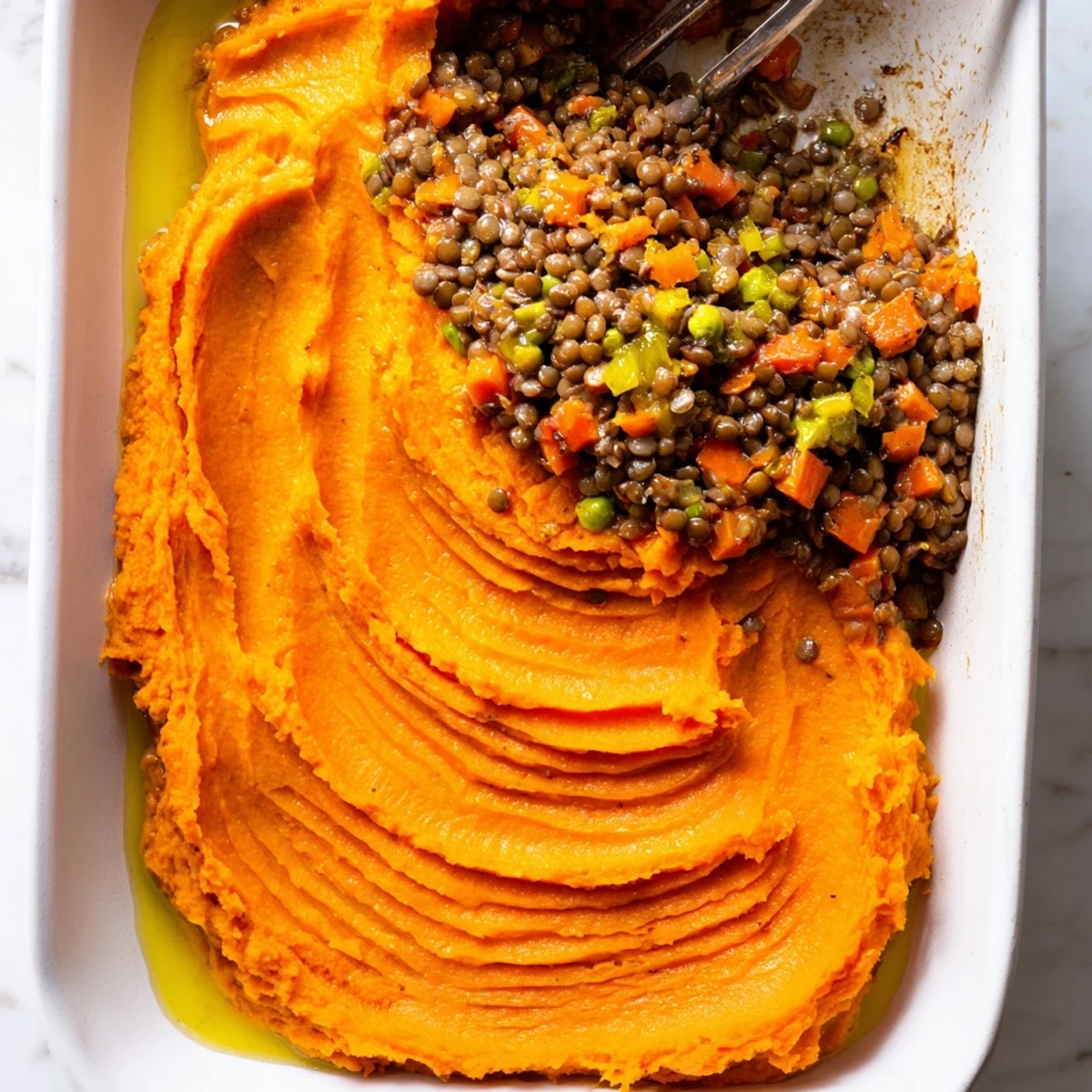 Hearty Veggie Shepherds Pie featuring lentils, topped with fluffy sweet potato mash, ready to serve.