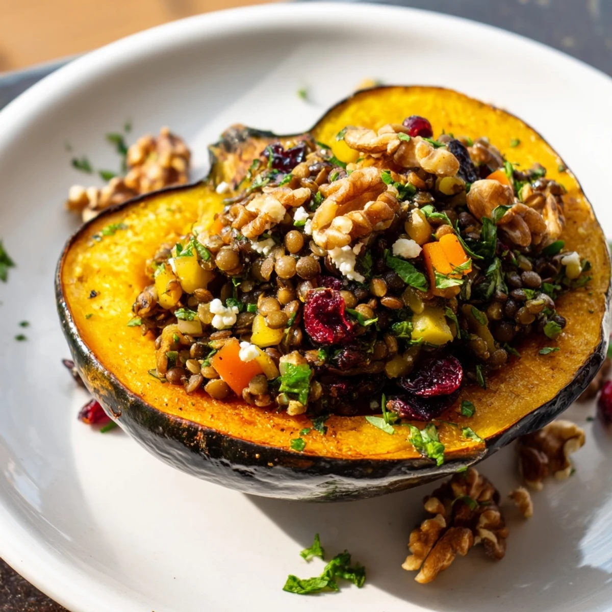 A close-up of a plated, delicious Lentil & Walnut Stuffed Acorn Squash, ready for a warm meal.