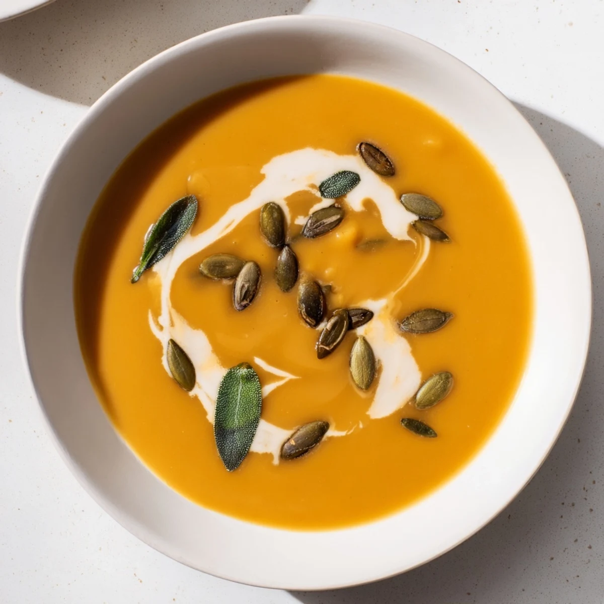 Steaming bowl of Chickpea, Pumpkin & Sage Soup: a creamy, vibrant, vegan meal topped with toasted seeds.