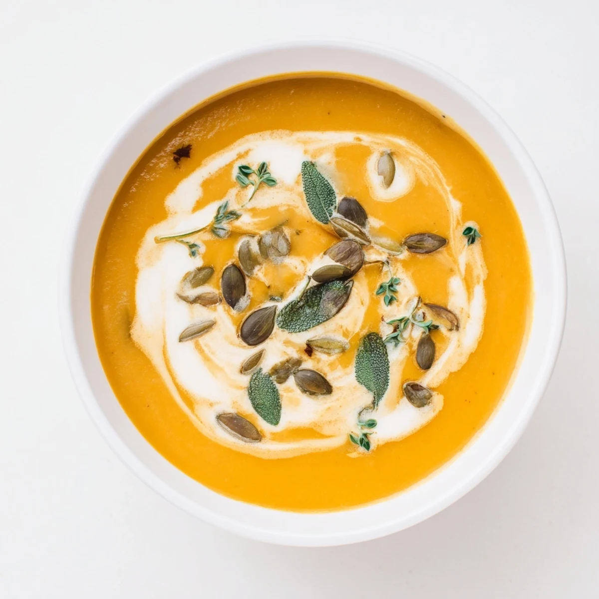 Golden-hued Chickpea, Pumpkin & Sage Soup in a white bowl, garnished with fresh sage leaves and cream.