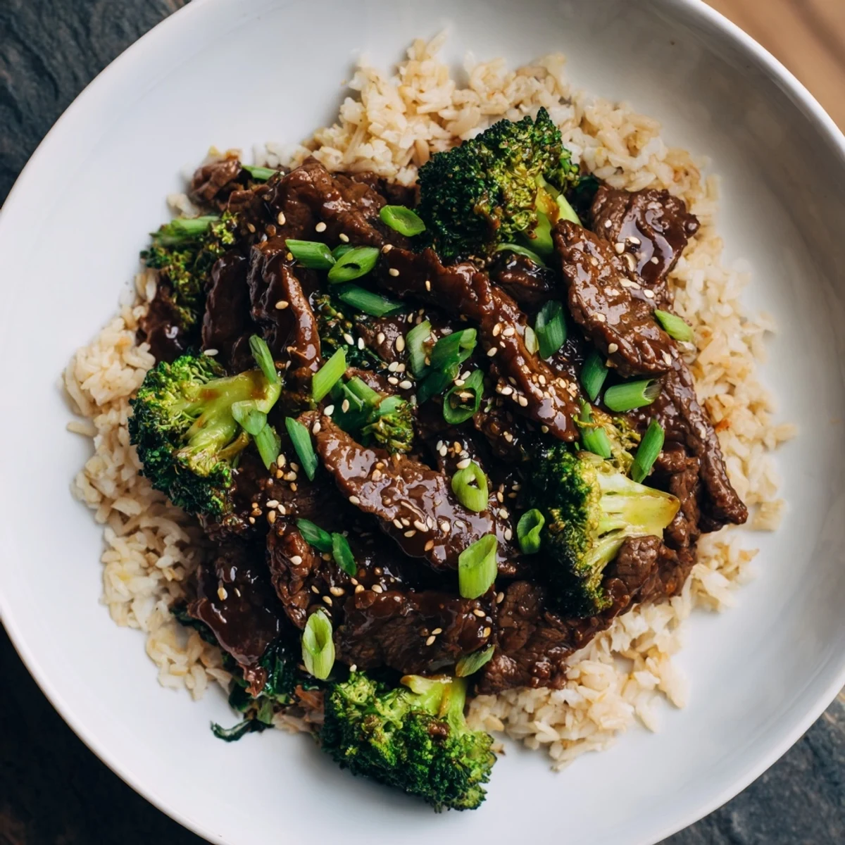 This delicious slow-cooker beef & broccoli recipe features a hearty, comforting meal served over brown rice.