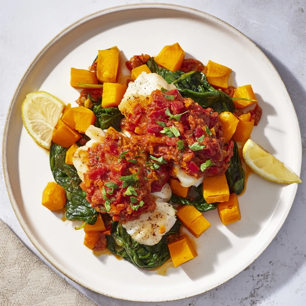 Baked Cod with Butternut Squash served with vibrant tomato-herb sauce, ready to enjoy.