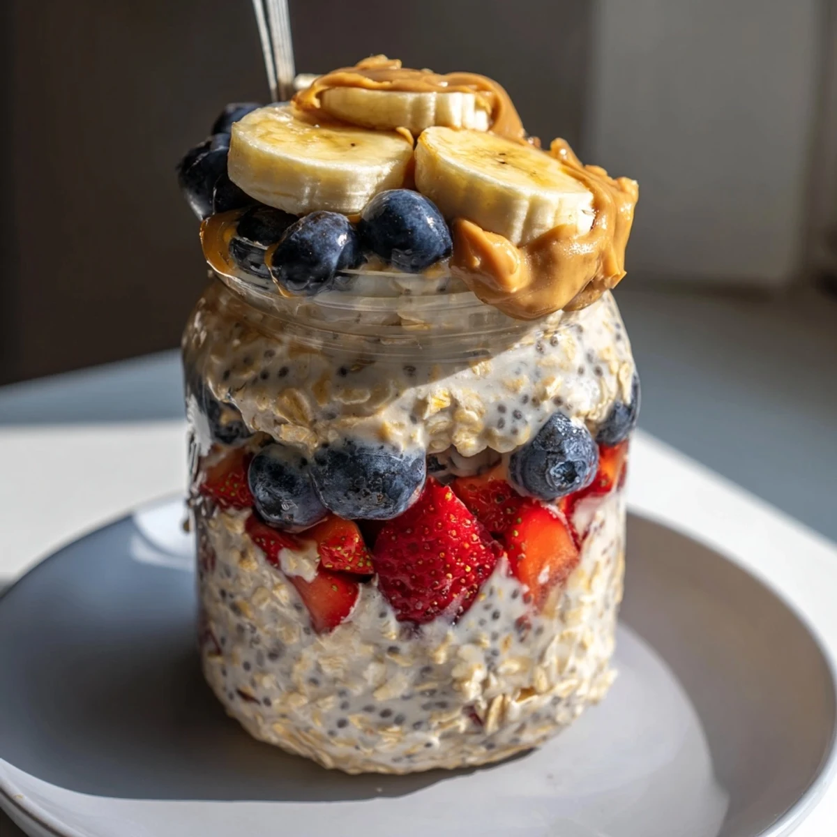 A close-up of beautifully layered overnight oats jars with ripe berries and creamy peanut butter.