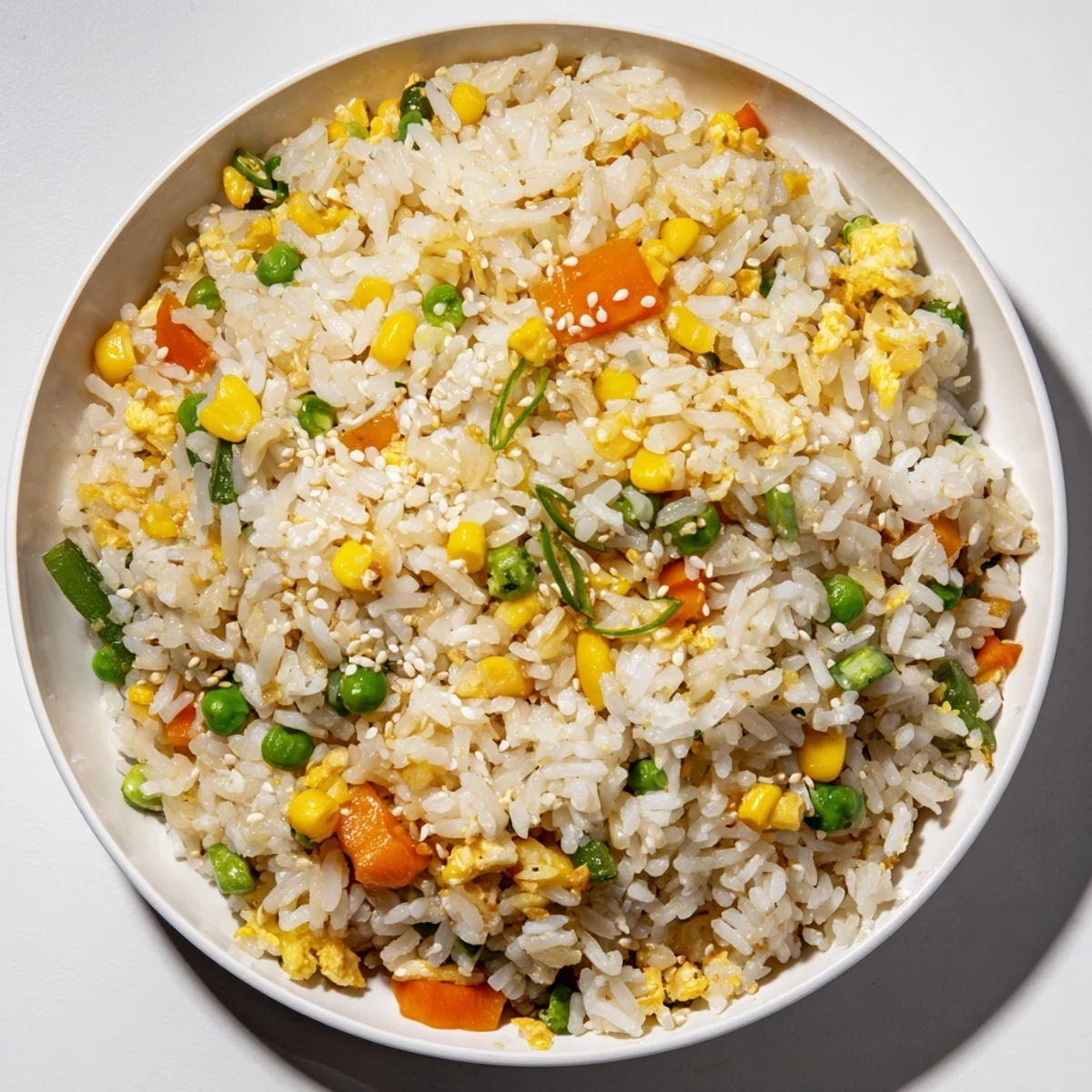 Golden-brown Frozen Veggie Fried Rice with fluffy scrambled eggs and a soy sauce glaze.