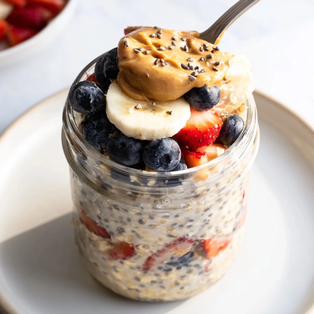 Golden overnight oats jars with layers of fresh fruit and swirls of peanut butter.