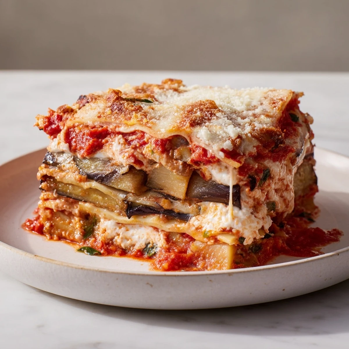 This warm, impressive dish of Eggplant Parmesan Lasagna shows off baked eggplant and a rich tomato sauce.