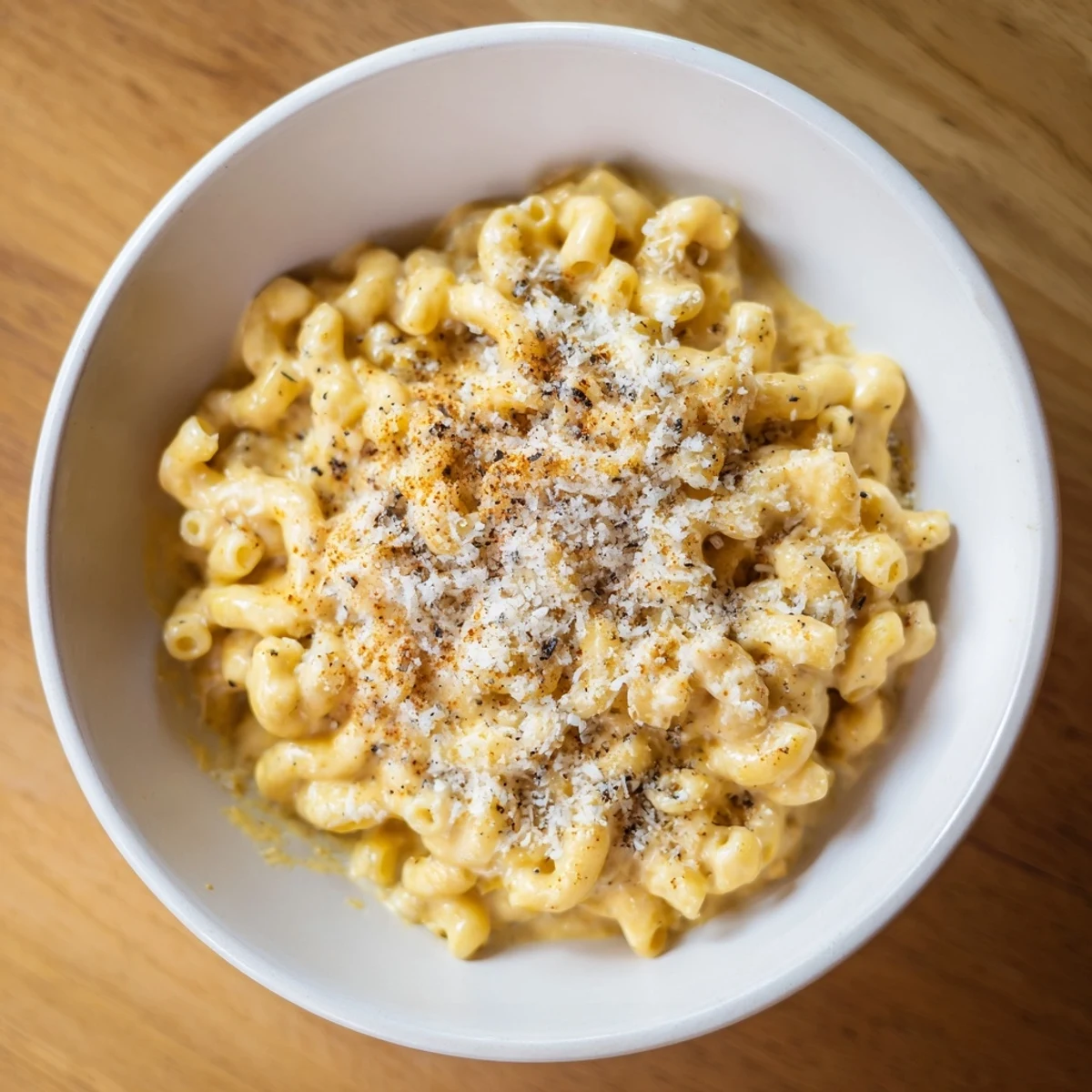 Steaming mug mac & cheese, topped with paprika, ready for a quick, comforting meal.