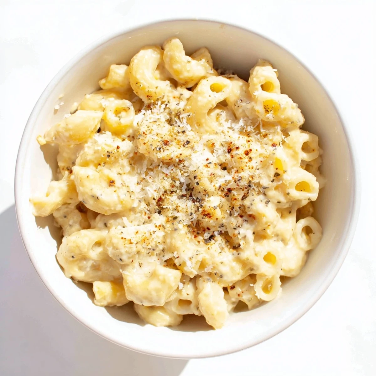 A close-up of a bubbling mug mac & cheese, melted cheddar cheese clinging to the macaroni.