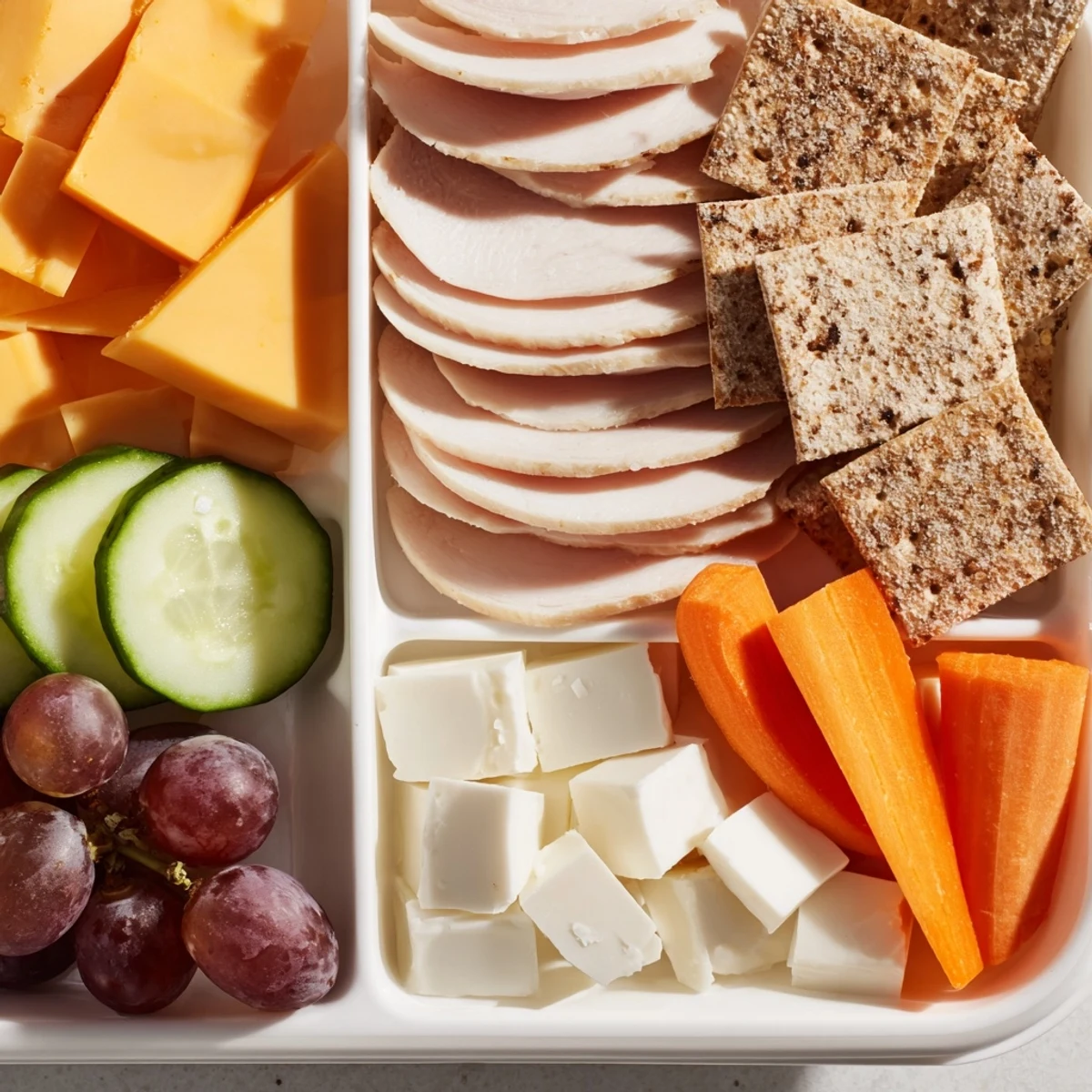 DIY Lunchables trays feature colorful sliced meats, cheeses, crackers, and healthy vegetables.