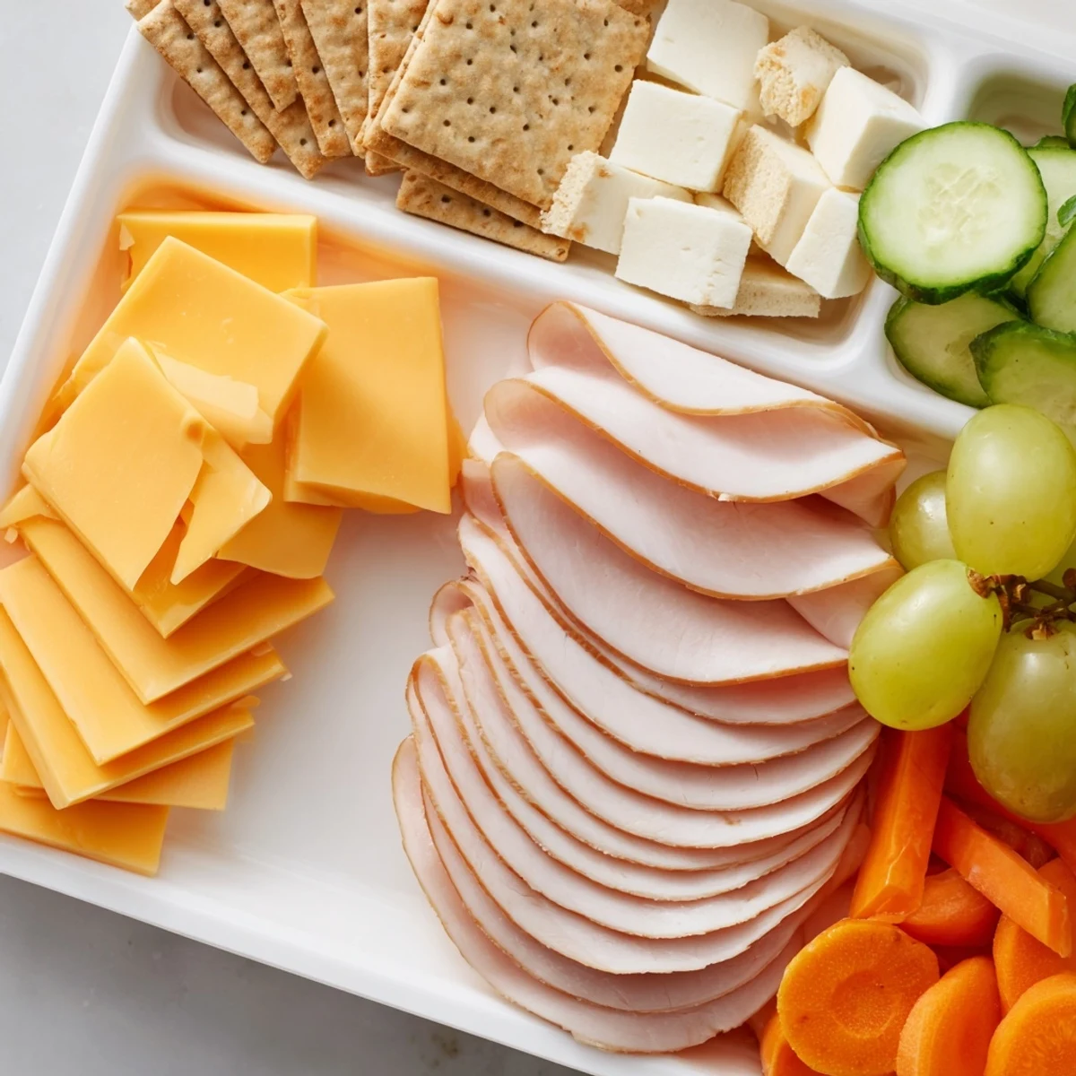 Fresh DIY Lunchables, perfect snack, shows easy-to-grab meats, cheese cubes, plus grapes and carrots.
