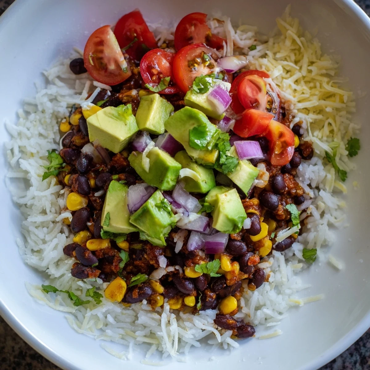 Fluffy rice, seasoned beans, and sweet corn make up this delicious Rice, Bean, and Corn Burrito Bowl.