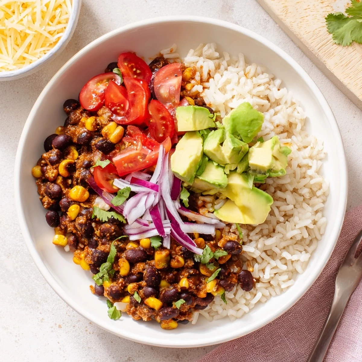 Imagine a hearty Rice, Bean, and Corn Burrito Bowl, a perfect Tex-Mex meal bursting with flavor and color.