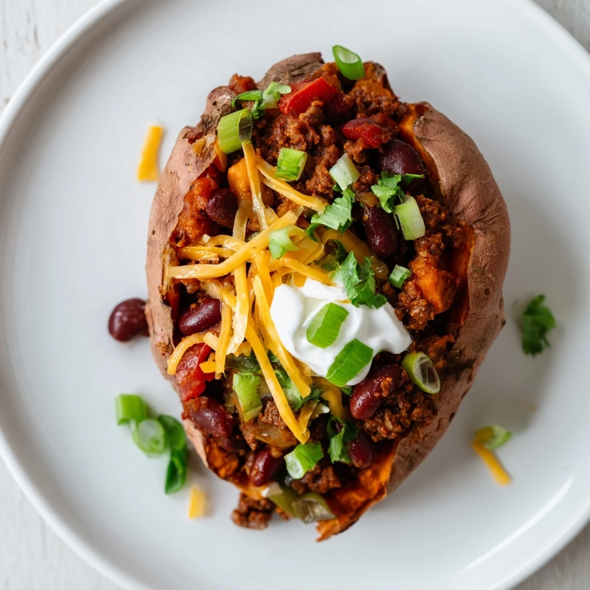 Baked sweet potato stuffed with chili, loaded with bubbly cheese, tempting hungry diners.