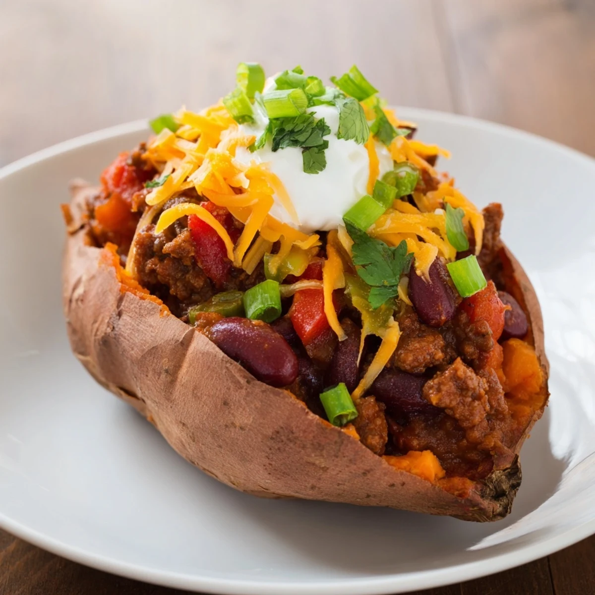 A close-up reveals the vibrant colors of baked sweet potato stuffed with chili, ready to eat.