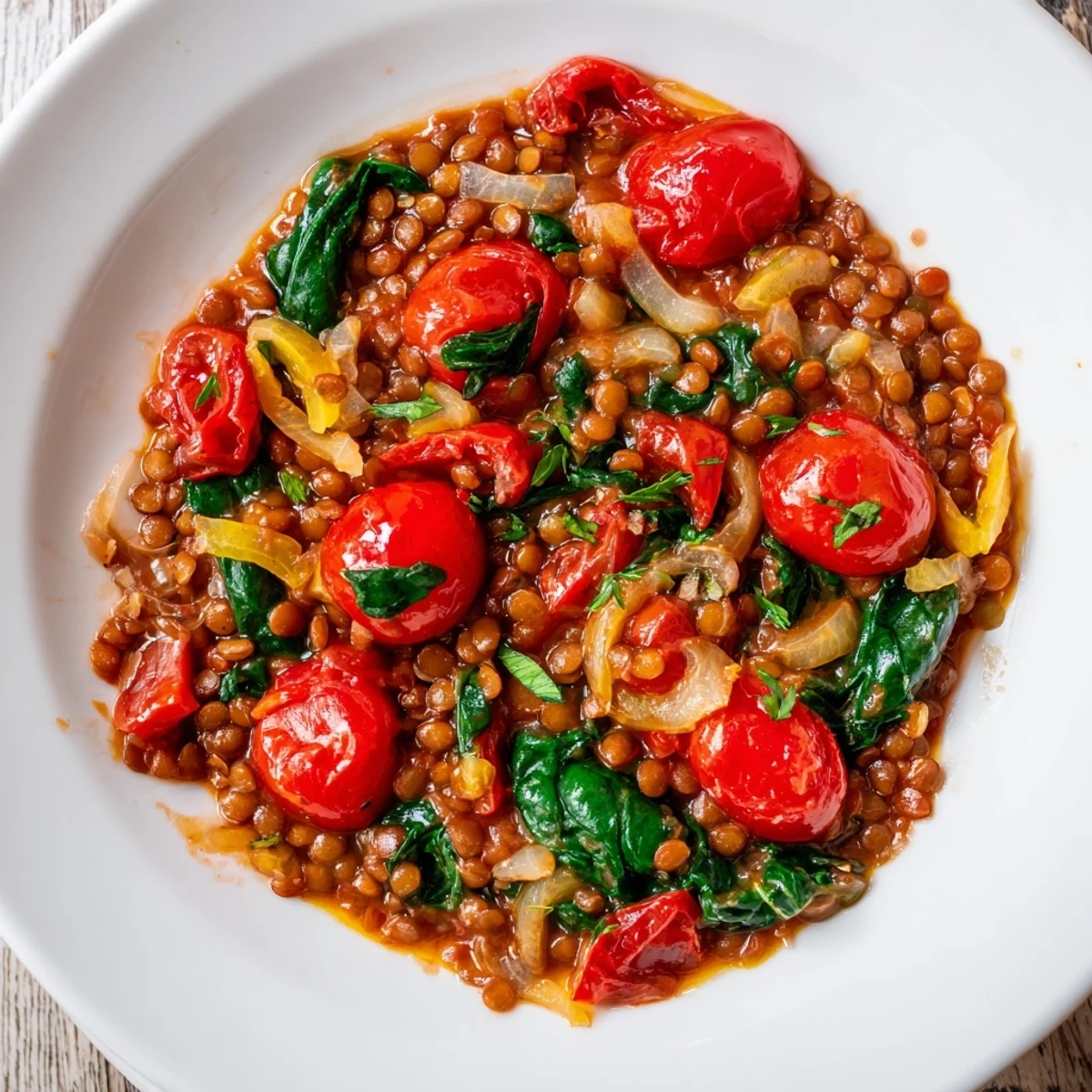 One-pan Lentil-Tomato Skillet with spinach; imagine the aromatic blend of herbs and savory lentils.