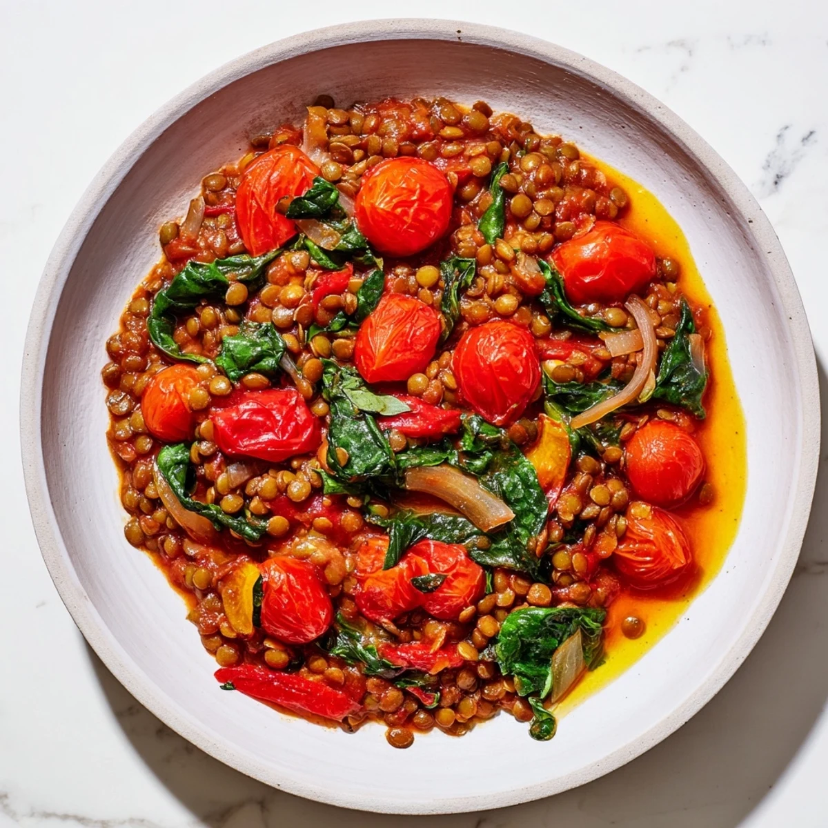 Steaming Lentil-Tomato Skillet, a vibrant Mediterranean dish with fresh herbs and juicy tomatoes.