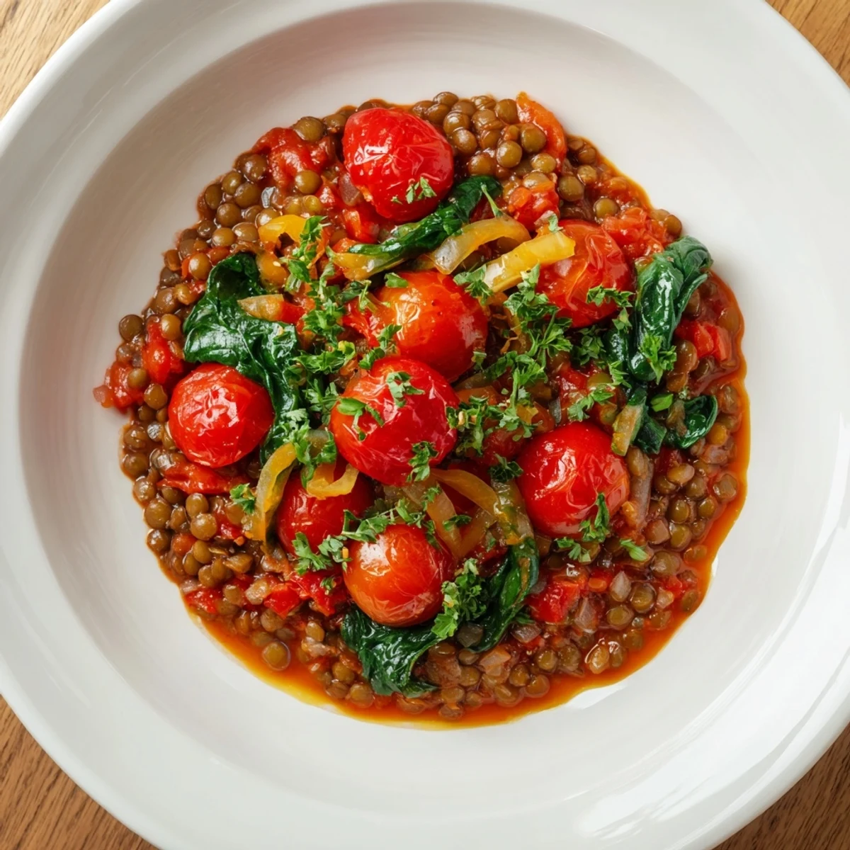 A colorful Lentil-Tomato Skillet, showcasing tender lentils and a rich tomato sauce, ready to serve.