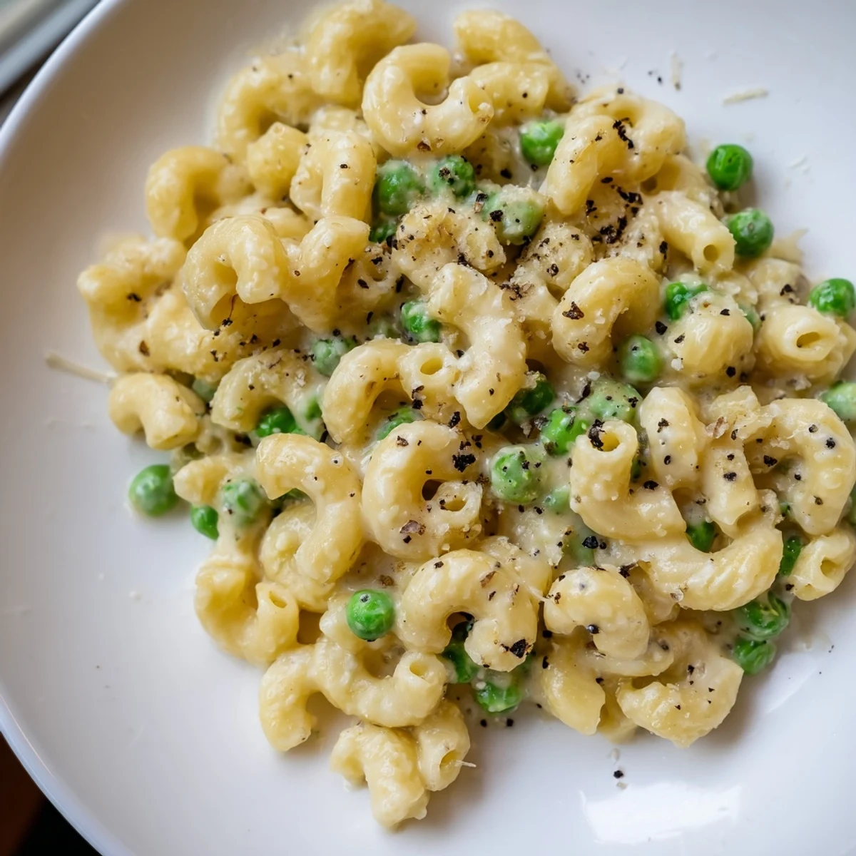 Steaming plate of macaroni and peas, simple weeknight meal, delicious and vegetarian.